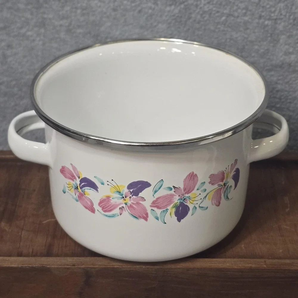 Vintage Enamelware Pots Set of 2 Floral Pink Purple White Lids Indonesia 80s